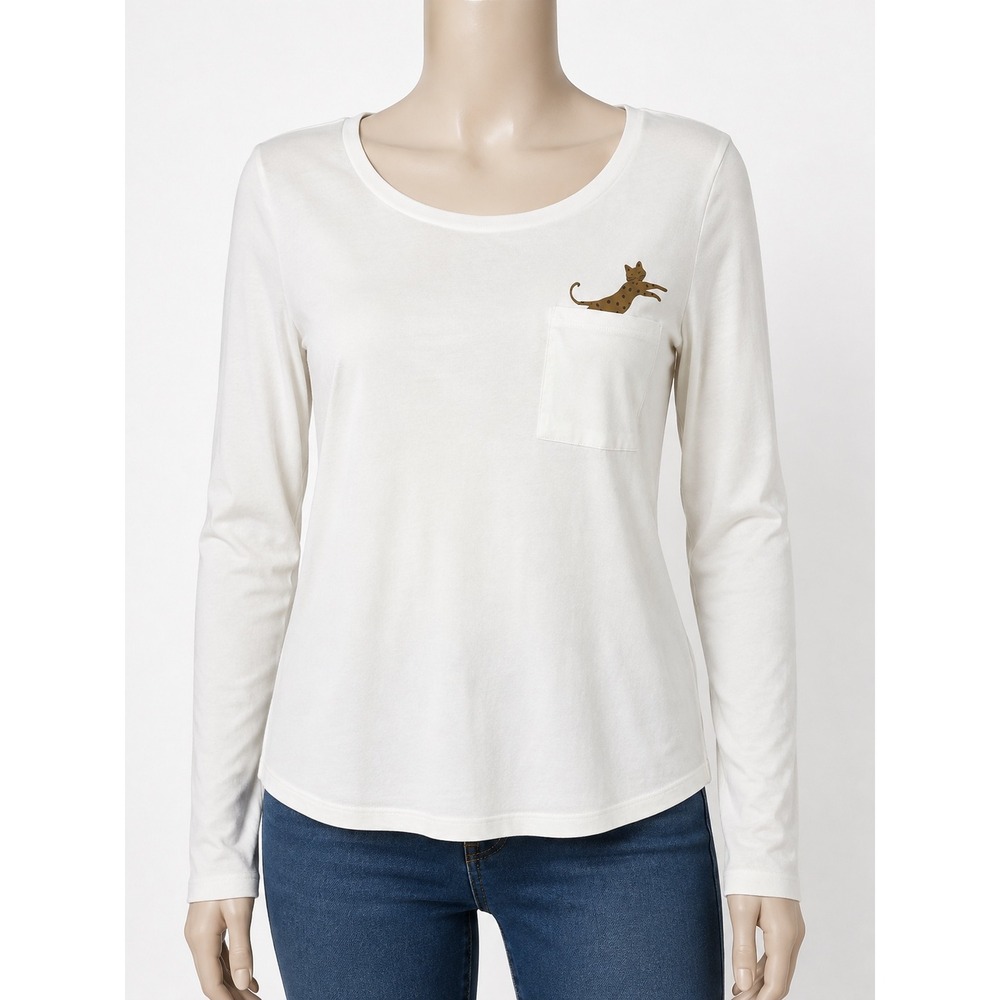 Loft Outlet White Long Sleeve Pocket Tee Leopard Cat Graphic Womens Medium